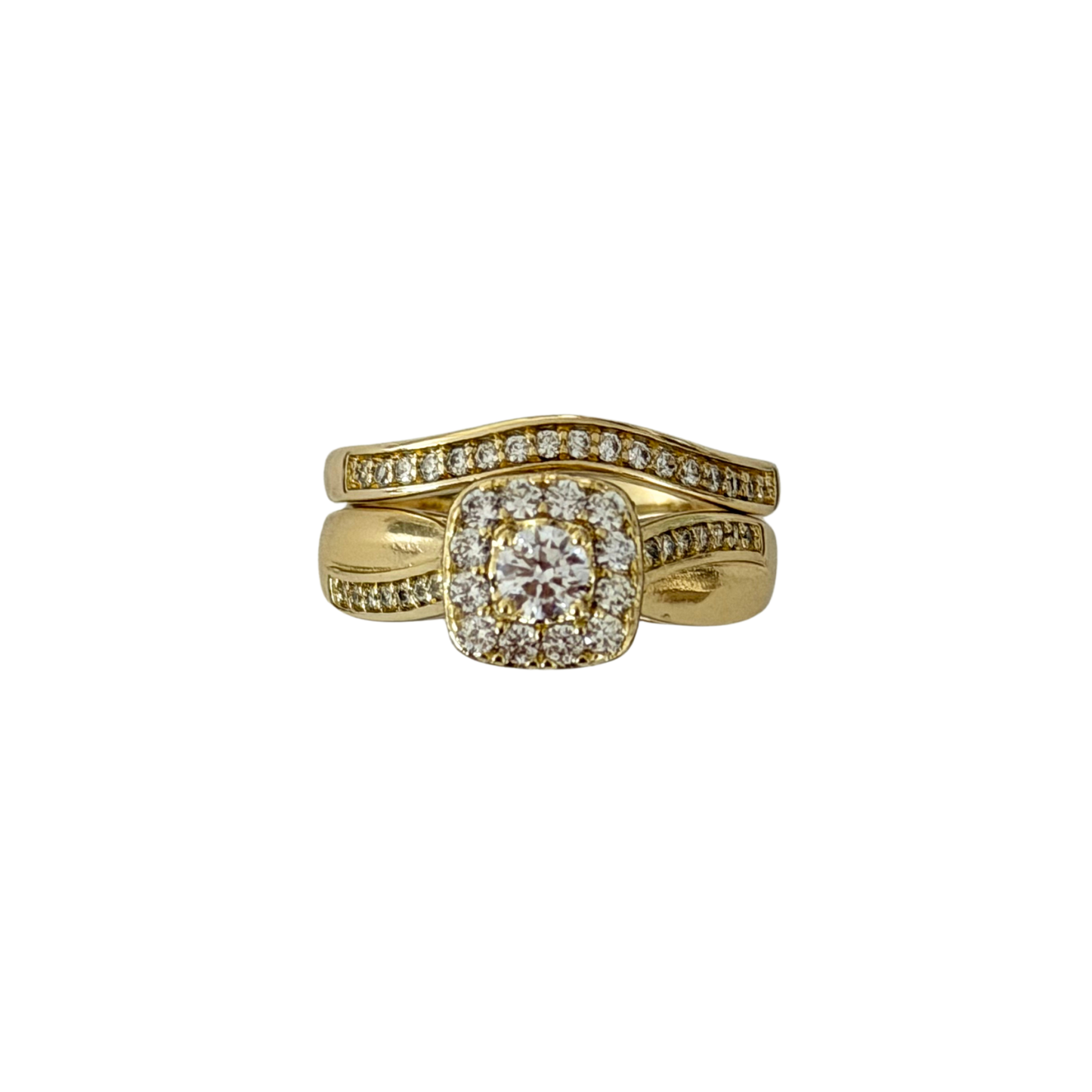 A yellow gold wedding band featuring a central cushion-cut diamond surrounded by a halo, with two curved bands behind it, both adorned with small pavé-set diamonds, shown on a plain white background.