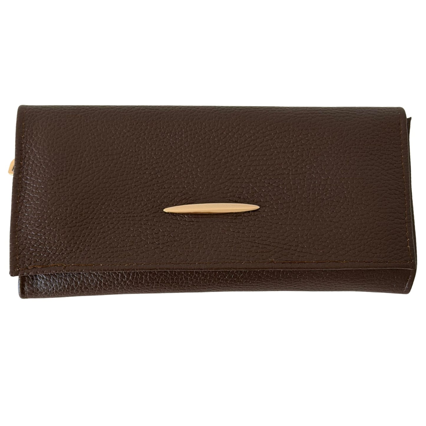 Brown leather jewelry travel case with a gold clasp on a white background