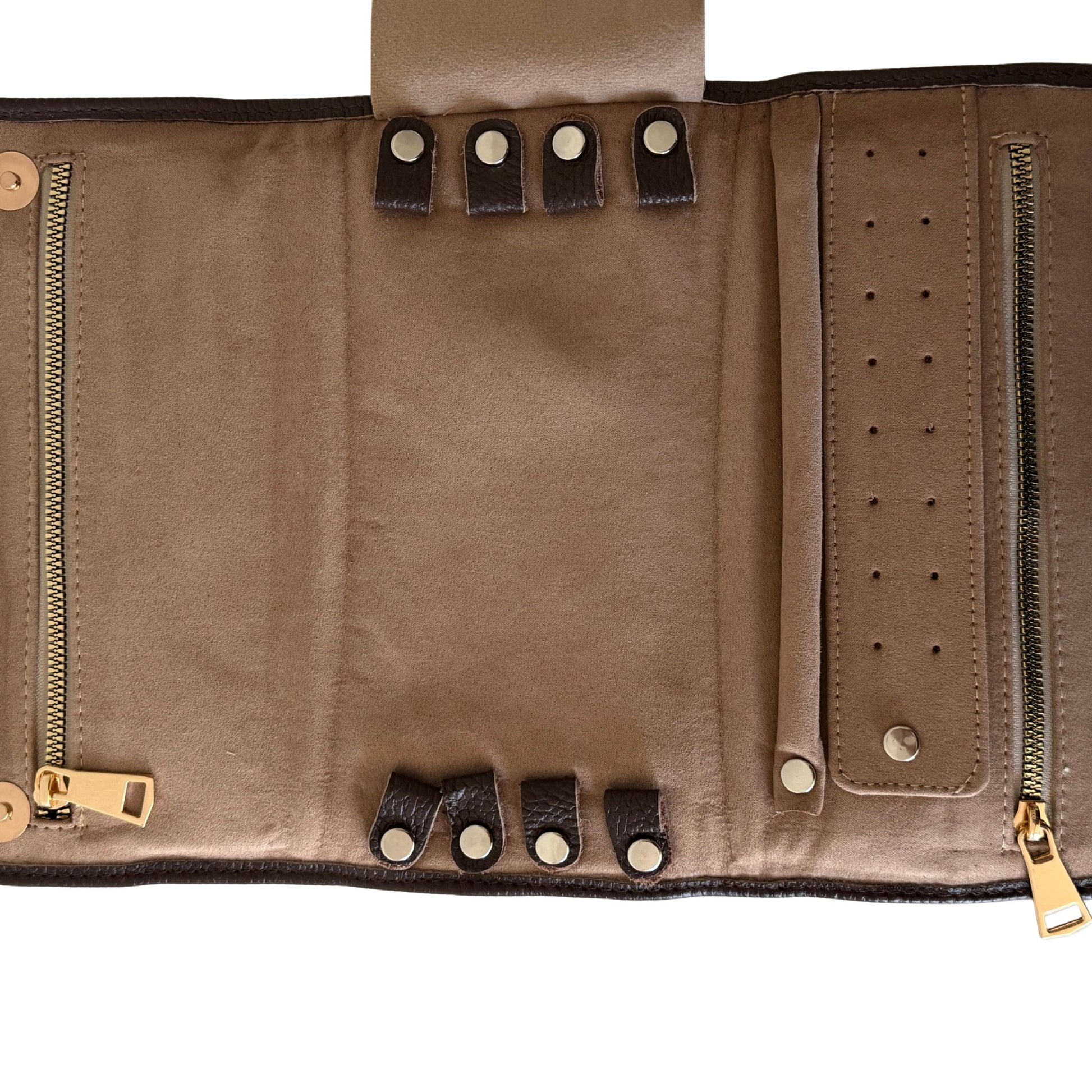 an image of the inside of a leather jewelry travel case in brown and gold details 