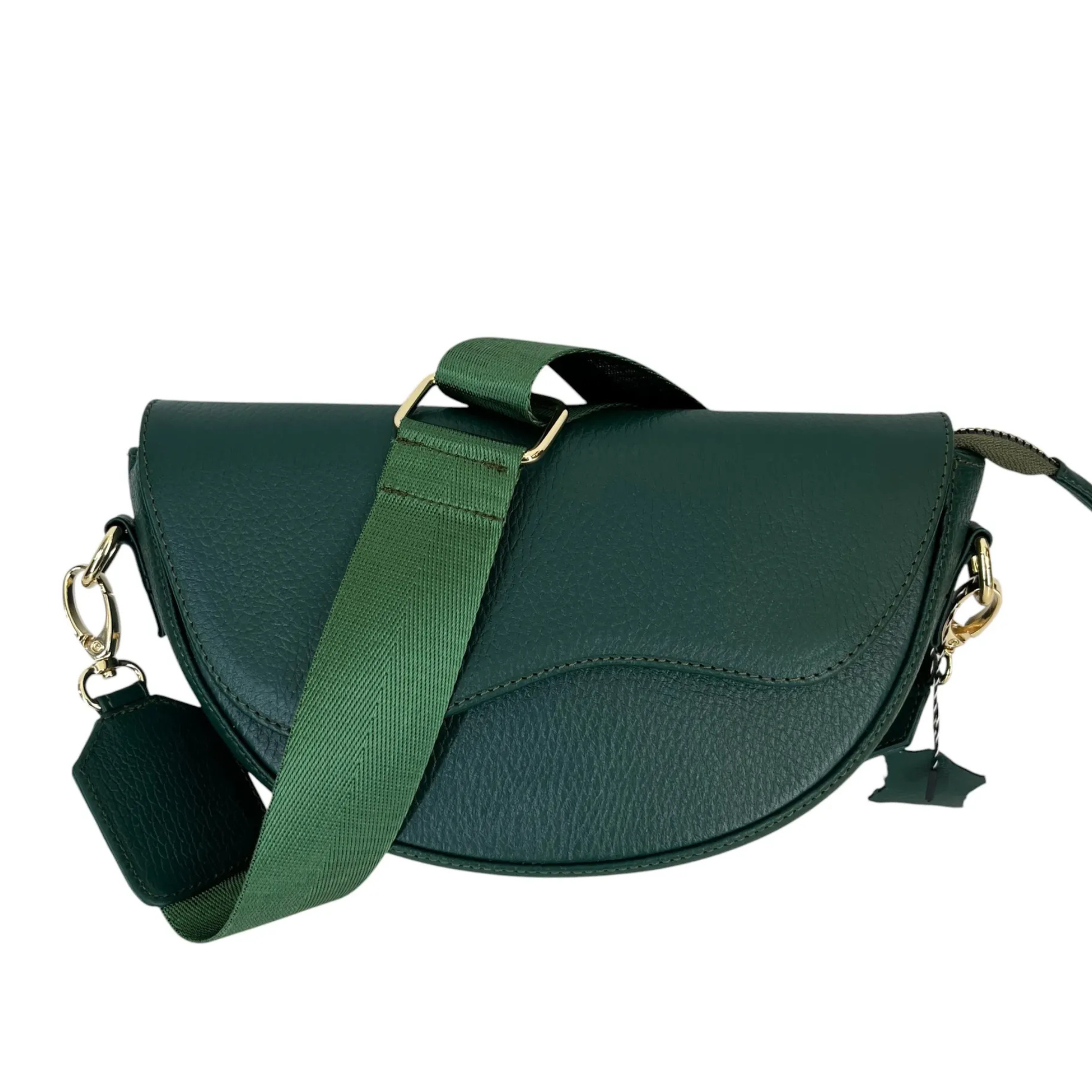 A dark green pebbled leather crescent-shaped shoulder bag with a matching green webbing strap and gold-tone hardware, shown against a plain white background.