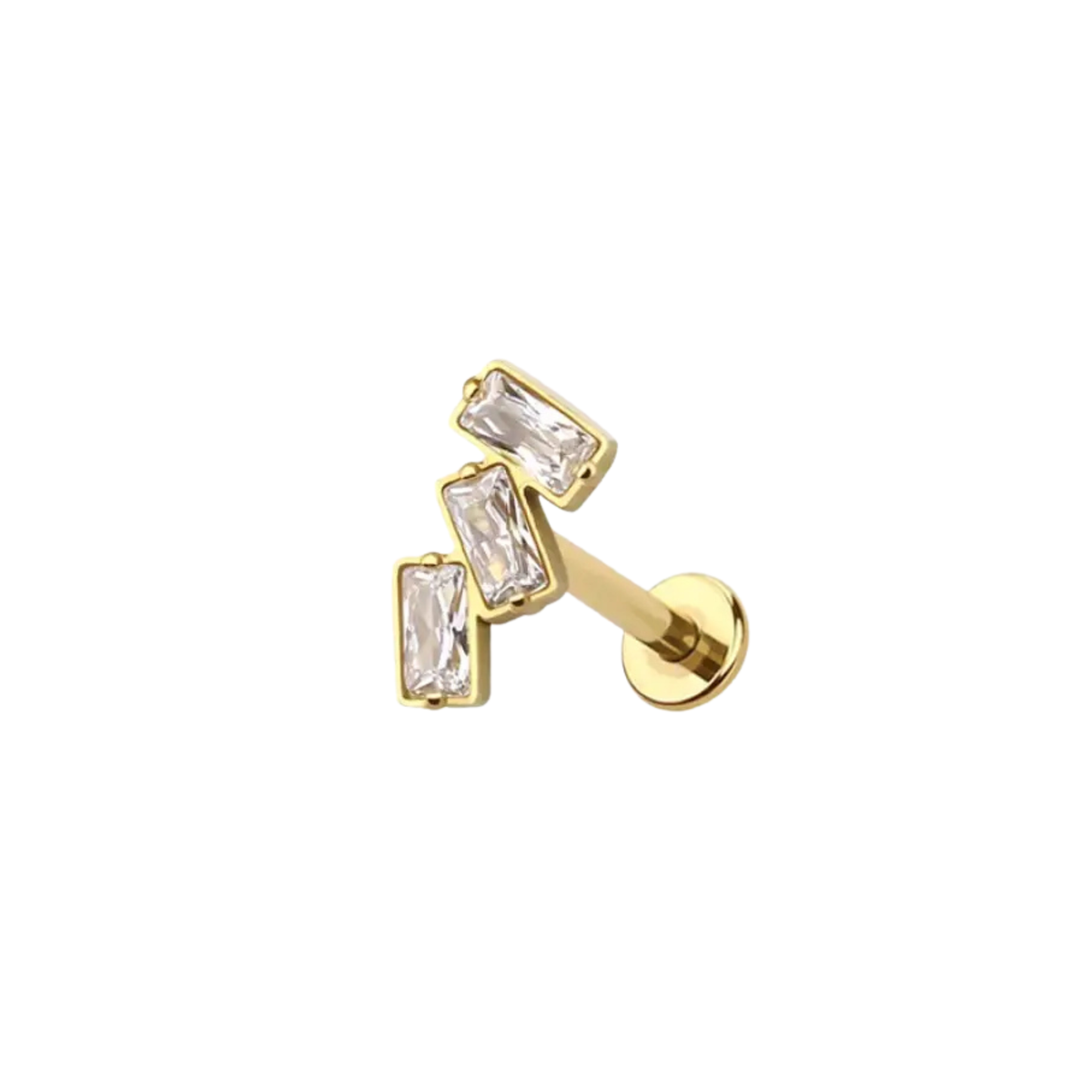 a triple baguette implant grade titanium flat back earring on a white background