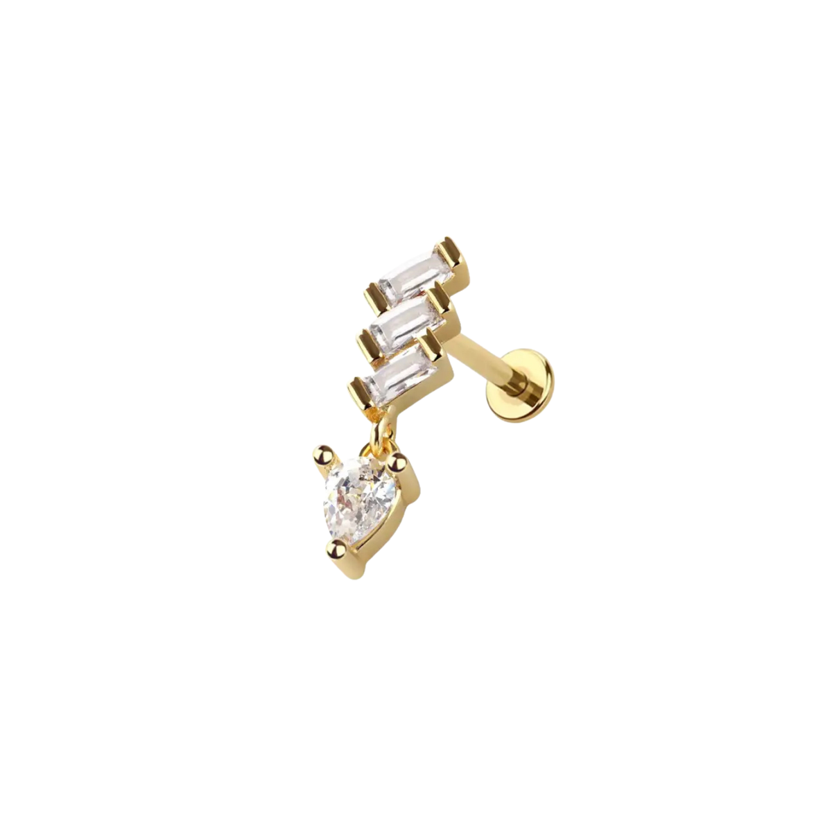A flat back earrings featuring three baguette-cut clear crystals and a dangling pear-cut clear stone, shown on a plain white background.