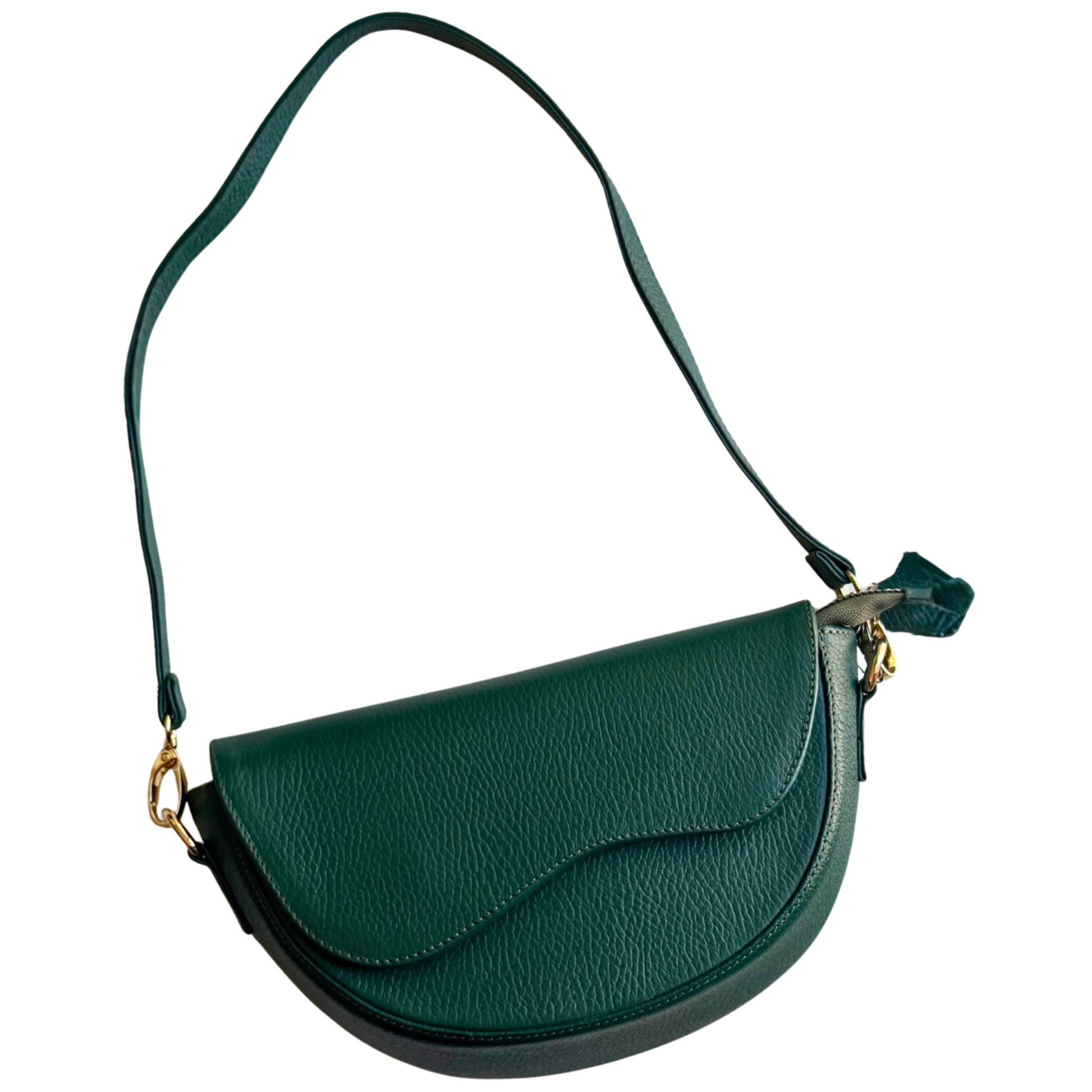 A dark green pebbled leather crescent-shaped shoulder bag with a matching adjustable shoulder strap and gold-tone hardware, shown on a plain white background